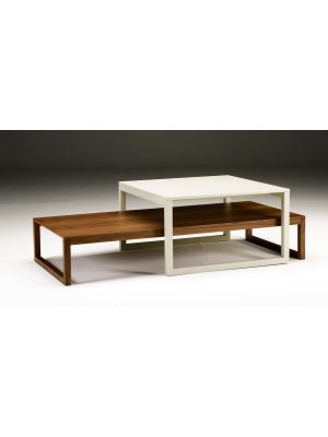 Coffee table in oak or american walnut. Available completely mat lacquered or base mat and top glossy lacquered.